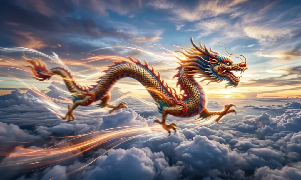 Swift dragon flying above clouds with motion blur in sky.