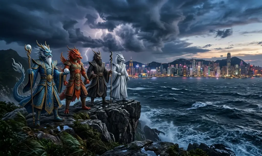 Dragon Kings overlooking the seas in the modern world.