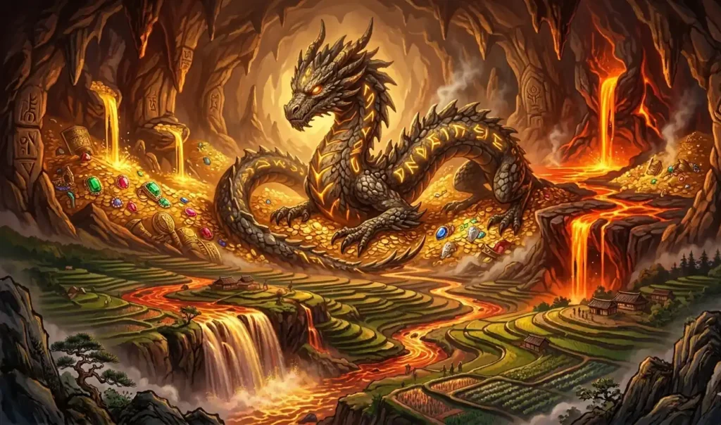 Dragon in underground cave guarding glowing treasure and jewels.