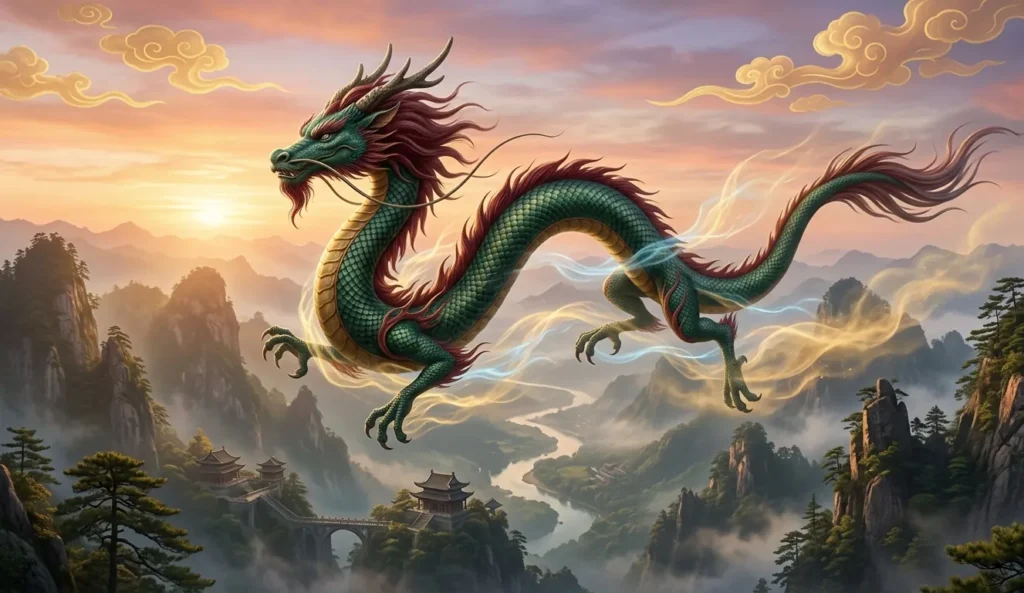 Green dragon moving through forests and fertile lands.
