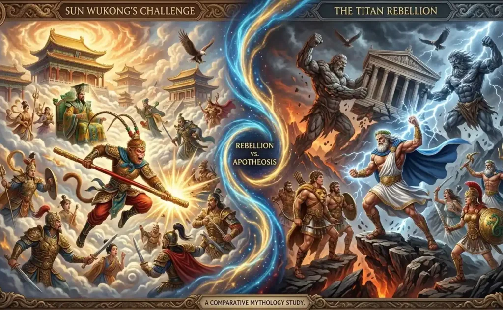 Mythological rebels confronting the rulers of Heaven and Olympus.