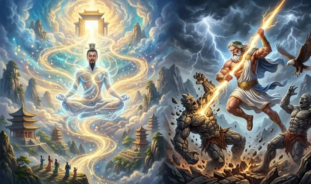 Jade Emperor and Zeus achieving power through different paths.