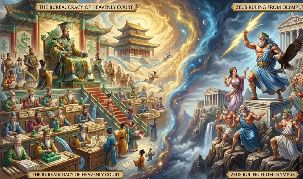 Heavenly officials contrasted with the court of Olympus.