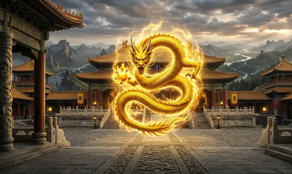 Yellow dragon in imperial style surrounded by golden light.