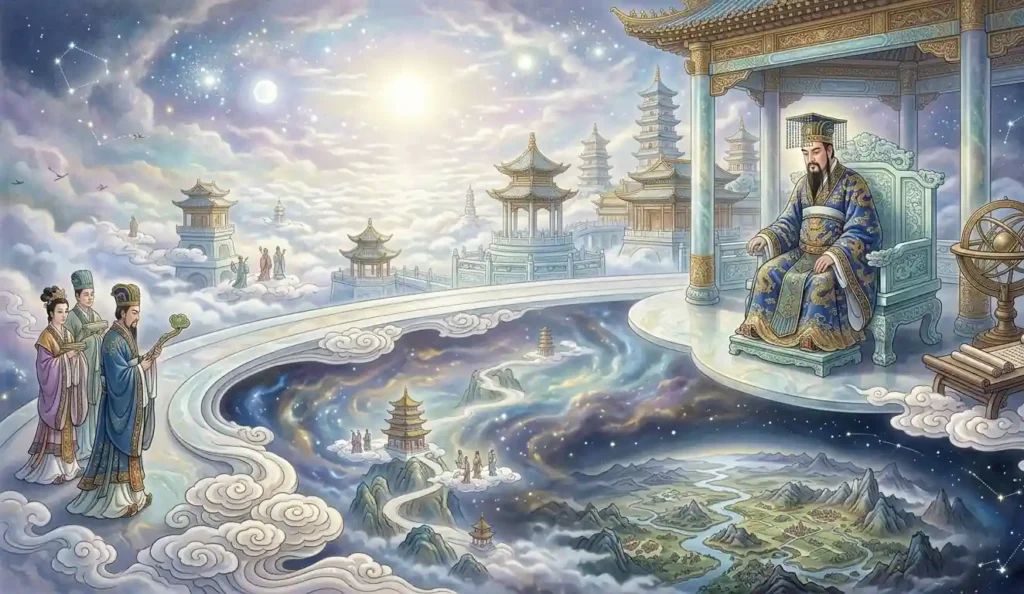 Jade Emperor watching over the cosmos from his heavenly court.
