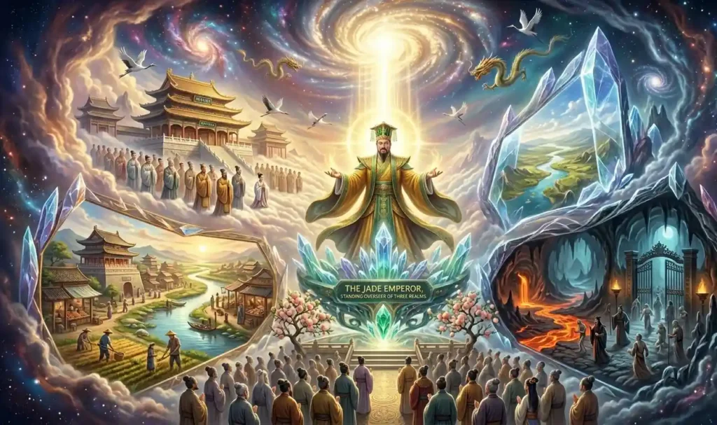 Jade Emperor overlooking Heaven, Earth, and the Underworld.