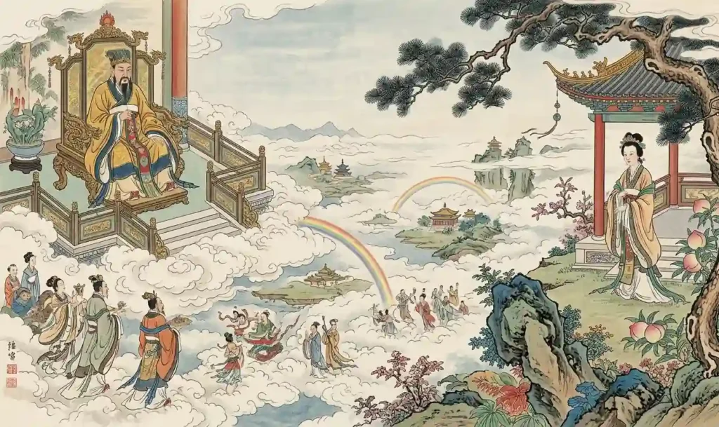 Jade Emperor and Xiwangmu ruling from different celestial domains.