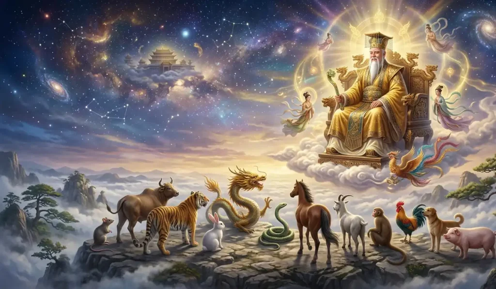 Jade Emperor watching over the twelve zodiac animals.
