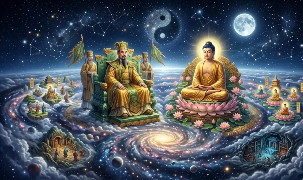 Jade Emperor and Buddha peacefully observing the universe.