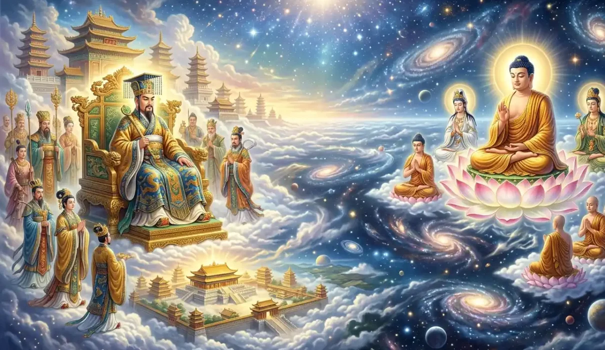 Jade Emperor vs Buddha - Jade Emperor and Buddha representing different forms of authority.