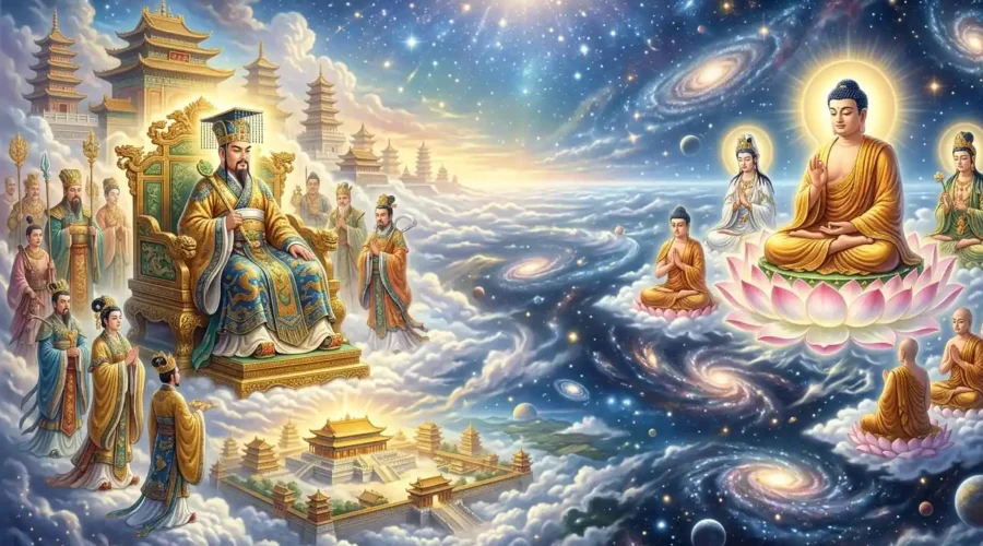 Jade Emperor vs Buddha - Jade Emperor and Buddha representing different forms of authority.
