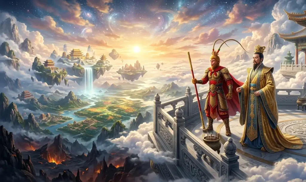Sun Wukong and Jade Emperor observing the cosmos.