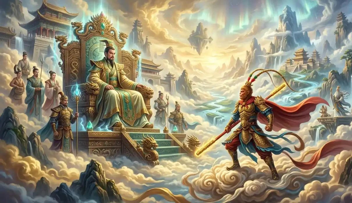 Jade Emperor vs Sun Wukong - Jade Emperor and Sun Wukong confronting each other in Heaven.