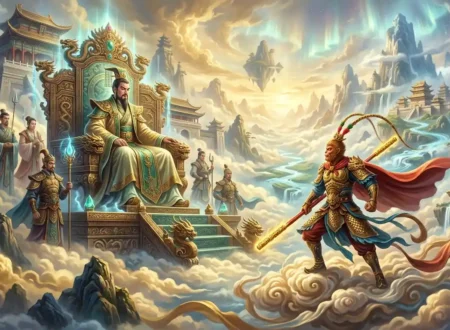 Jade Emperor vs Sun Wukong - Jade Emperor and Sun Wukong confronting each other in Heaven.