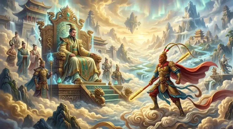 Jade Emperor vs Sun Wukong - Jade Emperor and Sun Wukong confronting each other in Heaven.