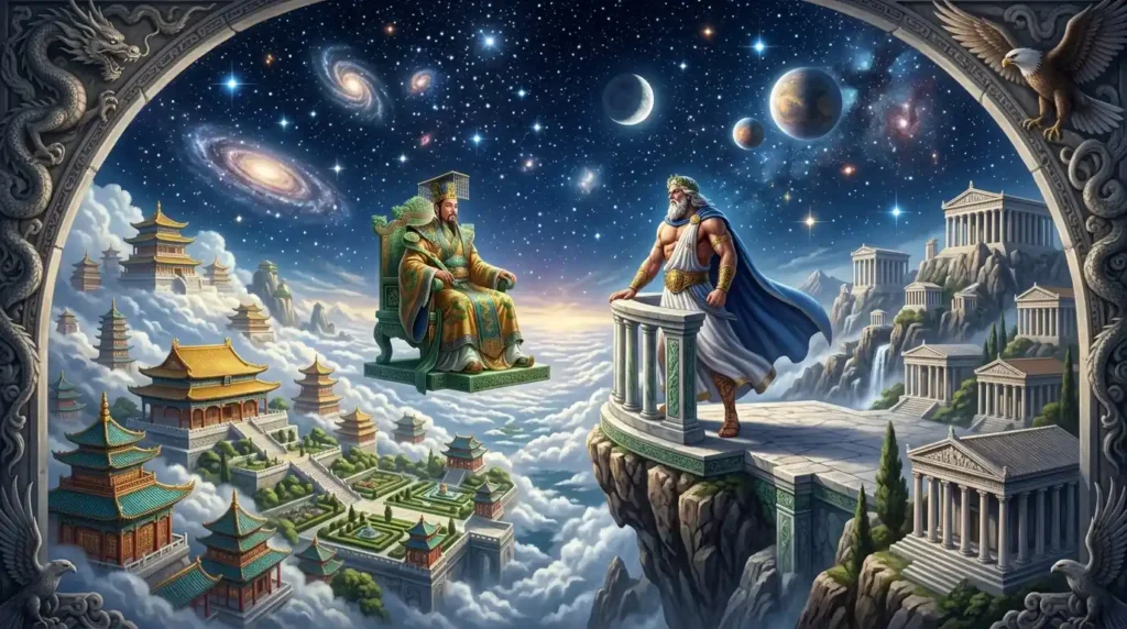 Jade Emperor and Zeus observing their mythological worlds.