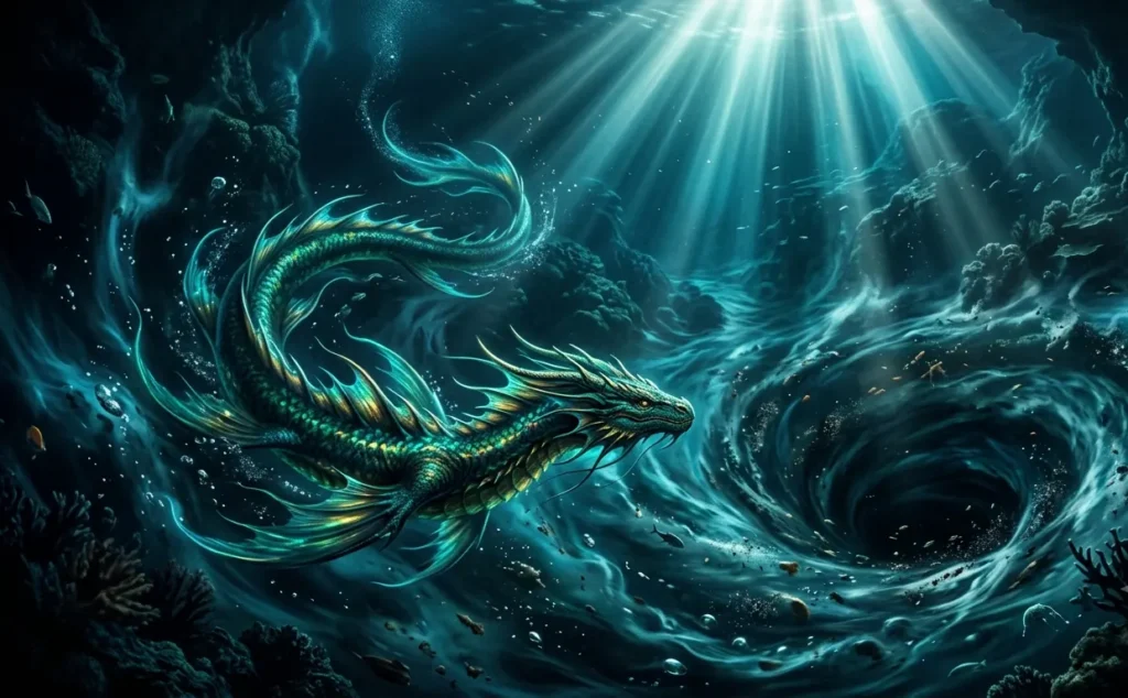 Sea dragon swimming through ocean depths among waves and currents.