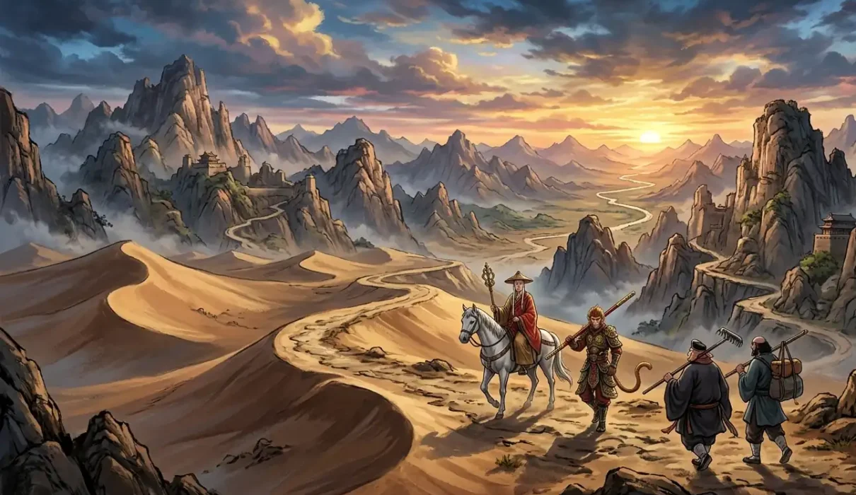 The Journey to the West pilgrims traveling toward India.