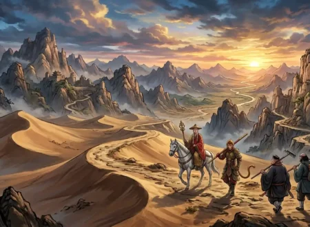 The Journey to the West pilgrims traveling toward India.