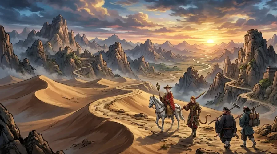 The Journey to the West pilgrims traveling toward India.