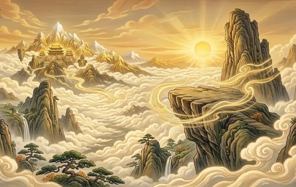 Sacred Kunlun Mountains glowing beneath the morning sun.