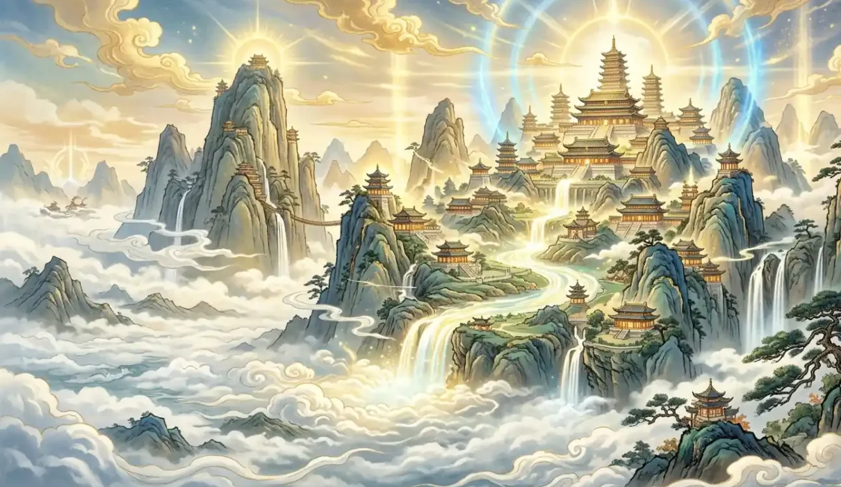 Sacred Kunlun Mountains towering above the clouds.