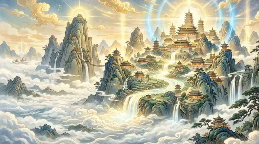 Sacred Kunlun Mountains towering above the clouds.