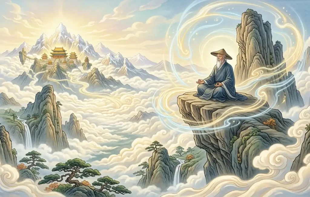 Daoist practitioner cultivating on a sacred mountain peak.
