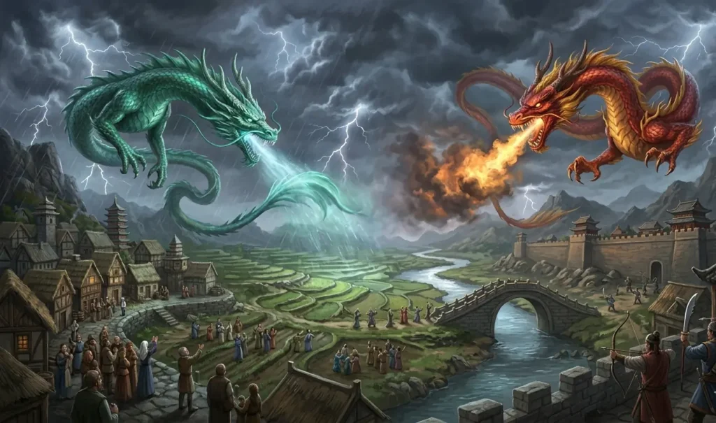 Dragon acting as both protector and source of danger.