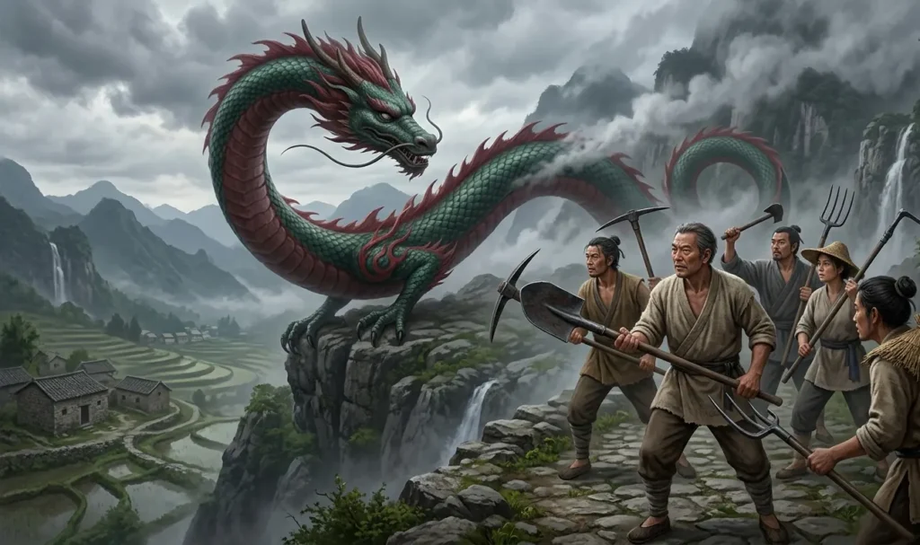 Chinese dragon reacting fearfully to iron objects.