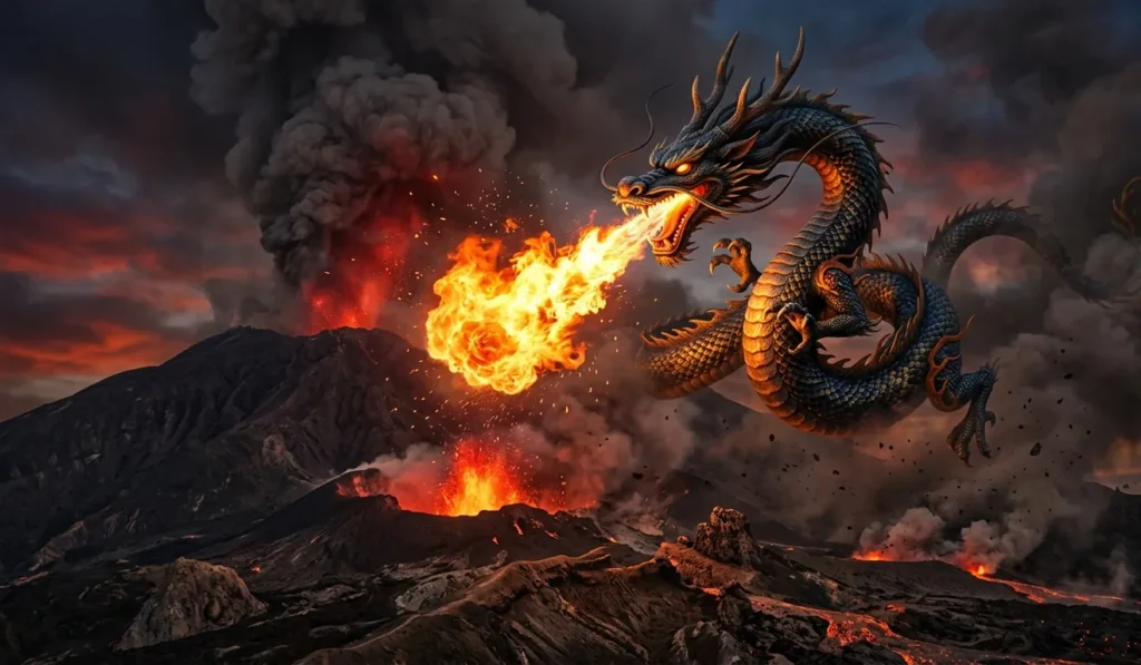 Eastern dragon breathing fire near a volcanic mountain.