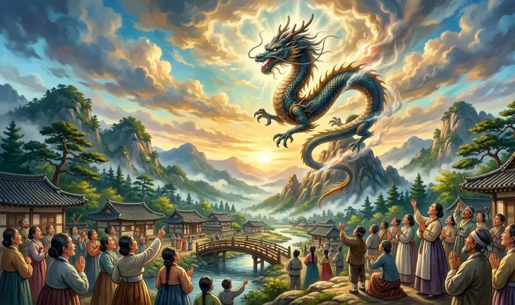 Korean dragon rising toward the heavens during transformation.