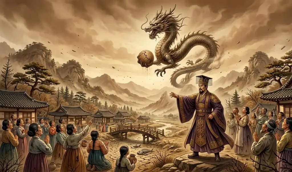 Emperor facing a Dragon King during a severe drought.