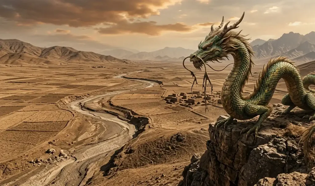 Dragon with a cut beard above drought stricken land.