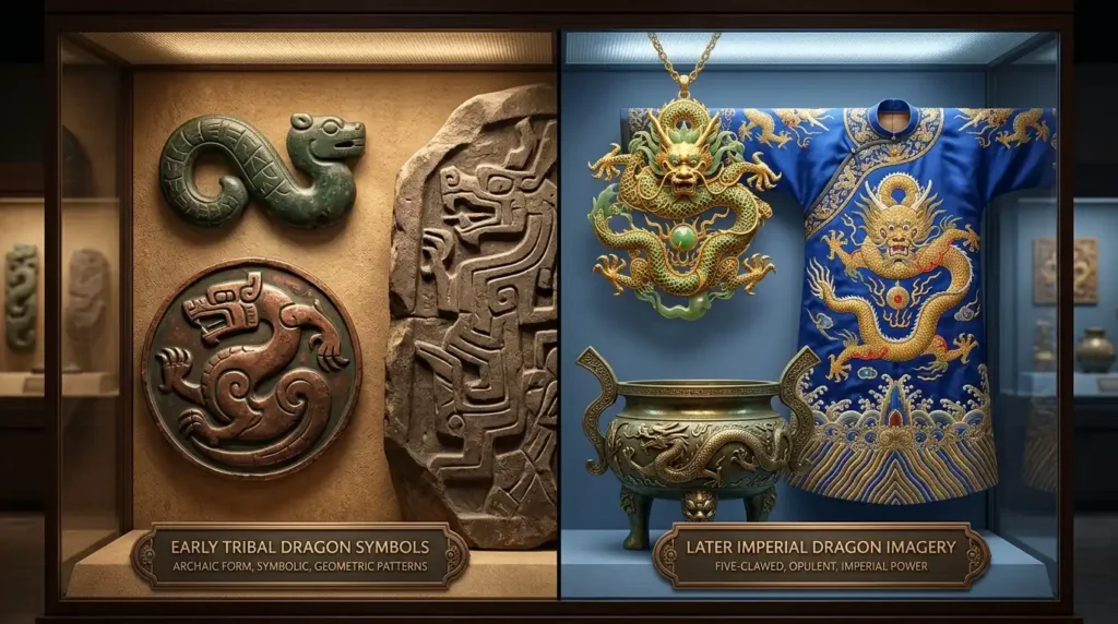 Ancient dragon symbols compared with imperial dragon art.