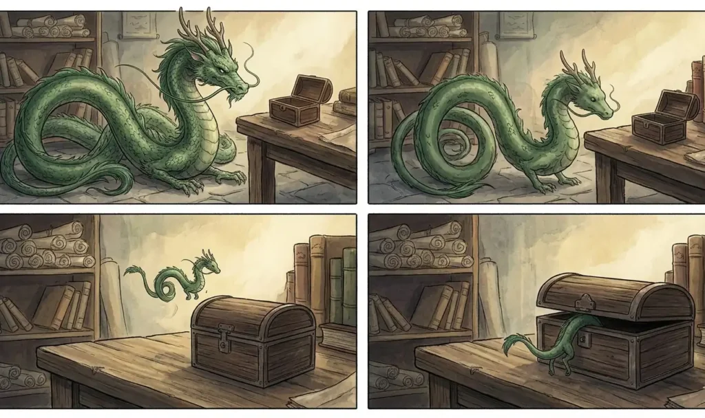 Dragon becoming small enough to fit inside a box.