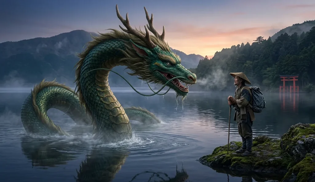 Japanese dragon granting a wish to a witness.