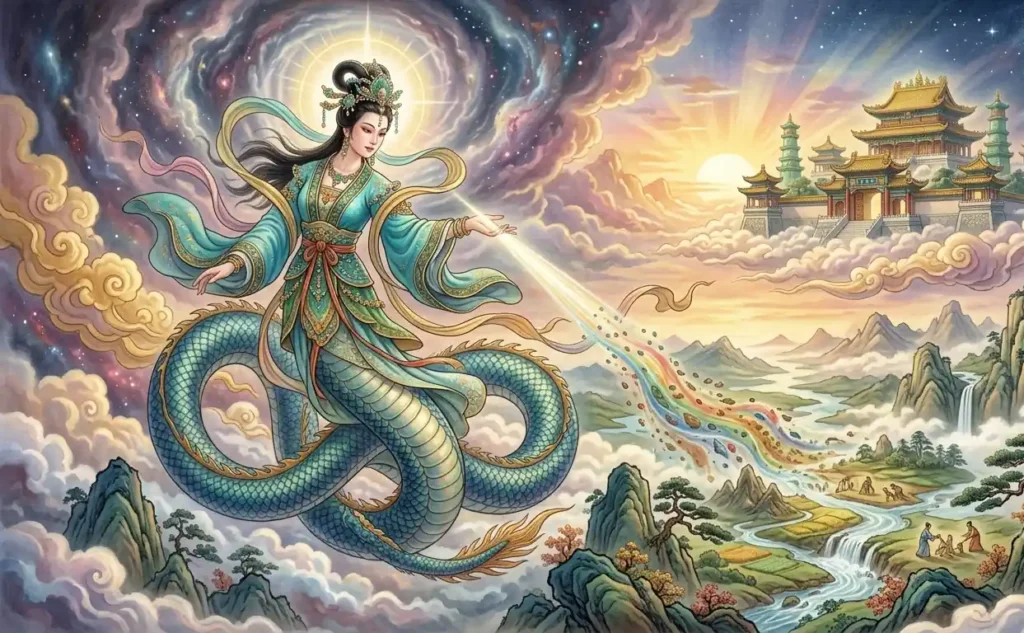 Nüwa creating the world with her dragon-like form.