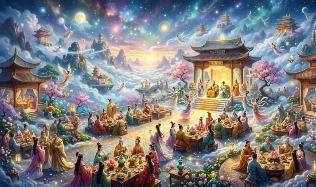 Celestial beings gathered at a banquet of immortal peaches.