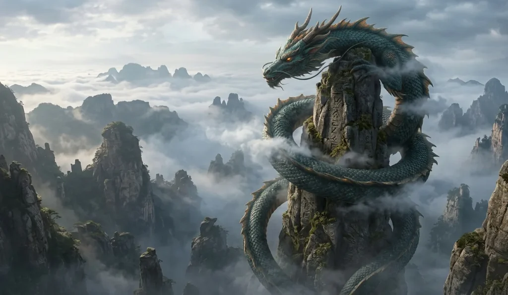 Coiled dragon wrapped around mountain pillar in mist.
