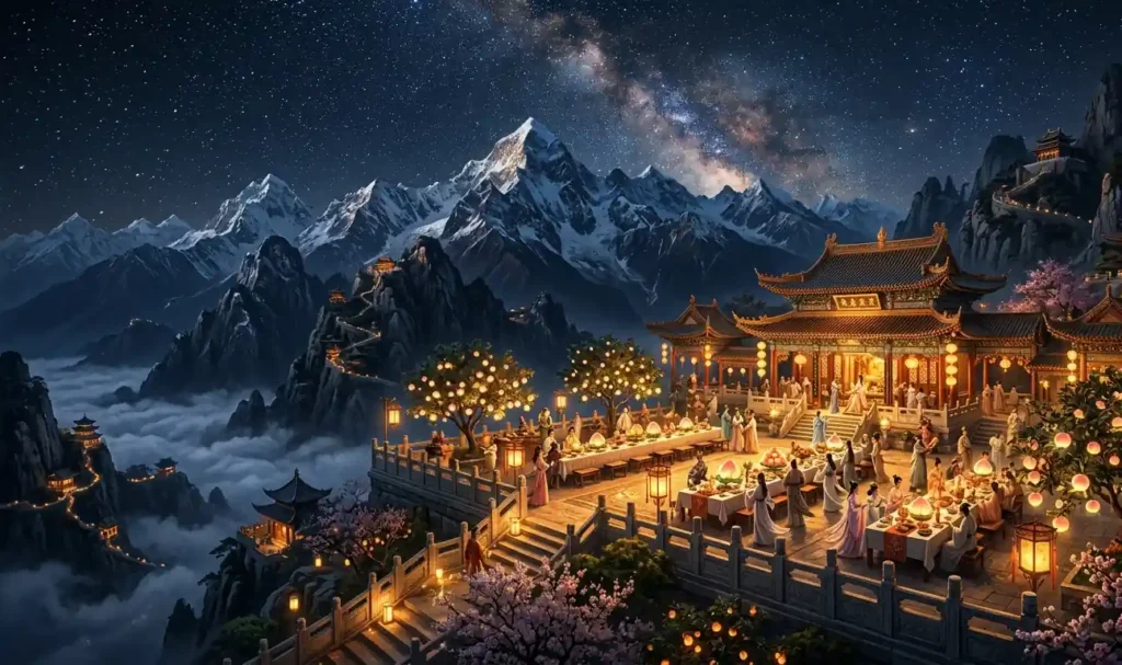Heavenly banquet illuminated beneath a celestial sky.