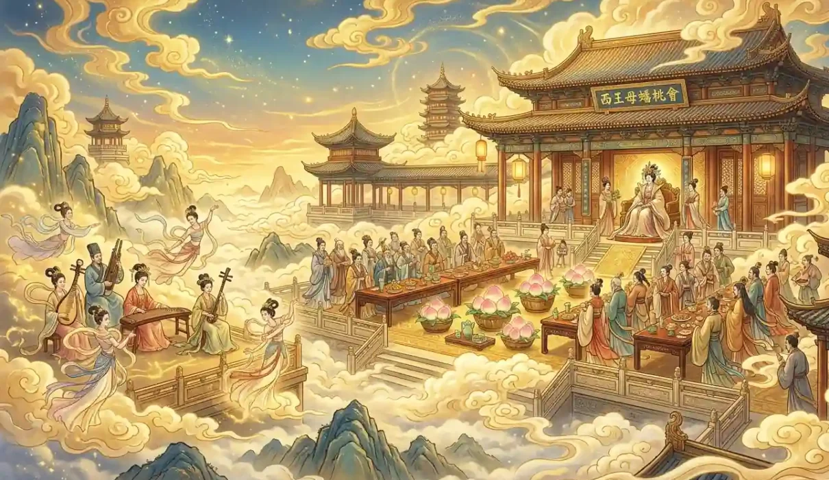 Immortals attending the Pantao Banquet in a celestial palace.