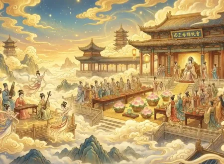 Immortals attending the Pantao Banquet in a celestial palace.