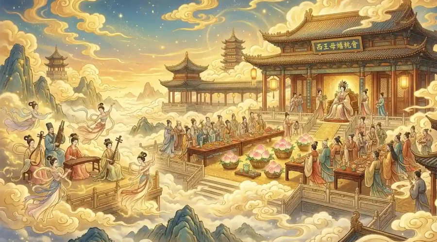 Immortals attending the Pantao Banquet in a celestial palace.