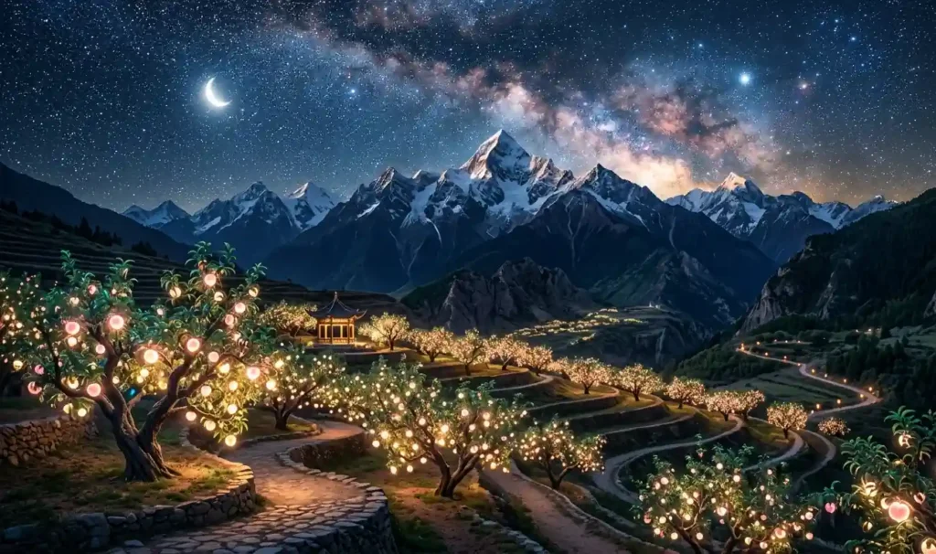 Heavenly peach trees shining above the clouds at night.