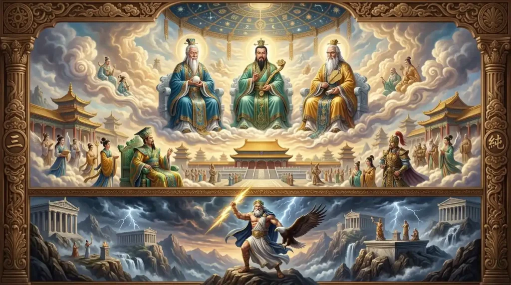Jade Emperor and Zeus within their cosmic hierarchies.