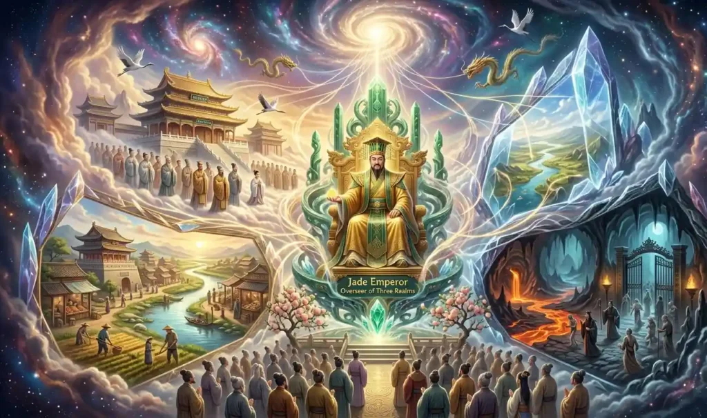 Jade Emperor governing the Three Realms from Heaven.