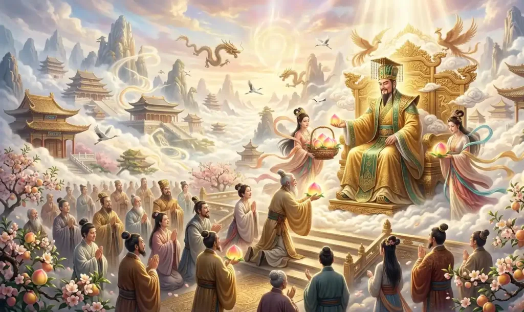 Jade Emperor bestowing immortality upon celestial beings.