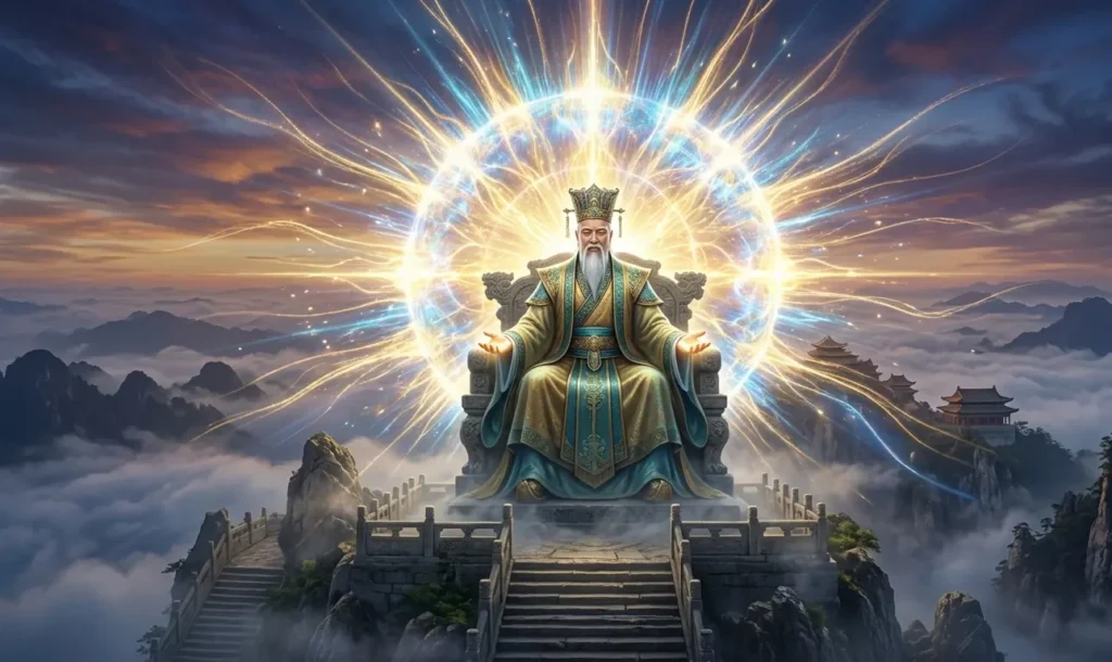 Jade Emperor surrounded by powerful cultivation energy.