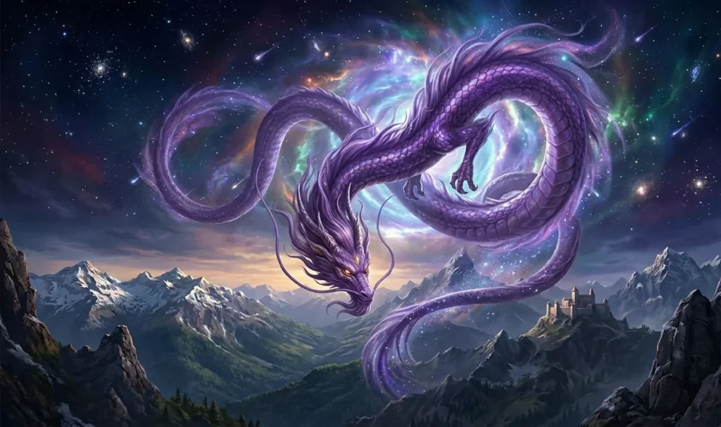 Purple dragon appearing from celestial clouds and stars.